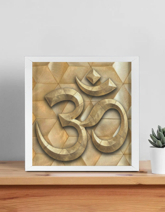 Om symbol 3D golden stone texture framed poster, geometric hexagonal background, spiritual wall art decor