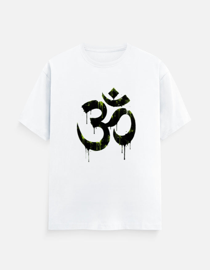Unisex Classic Crew T-Shirt Om Wall Graffiti featuring a bold black symbol with gravity drips
