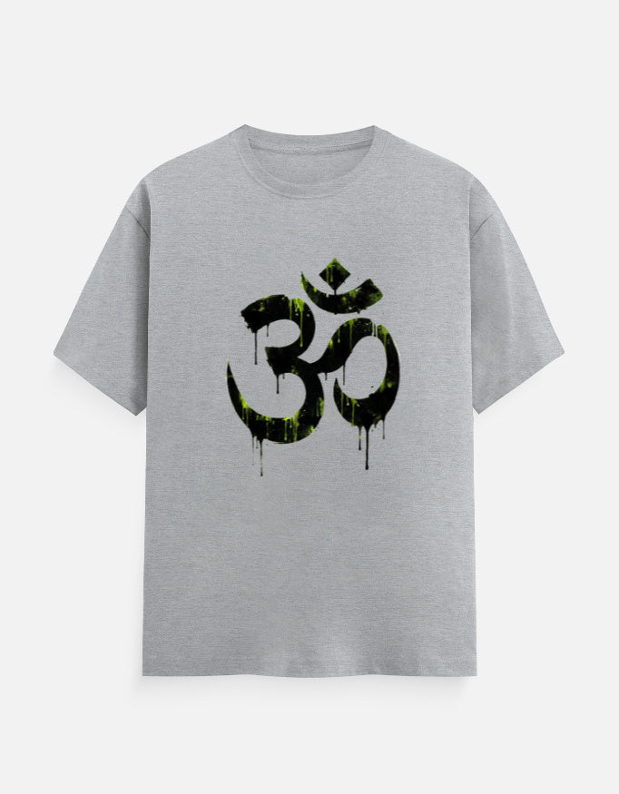 Unisex Classic Crew T-Shirt Om Wall Graffiti featuring a bold black symbol with gravity drips