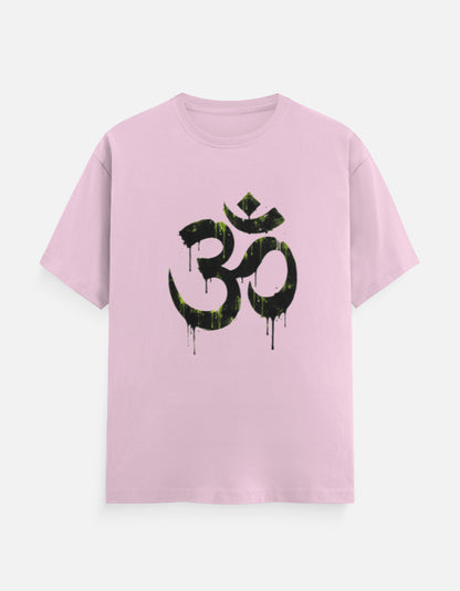 Unisex Classic Crew T-Shirt Om Wall Graffiti featuring a bold black symbol with gravity drips