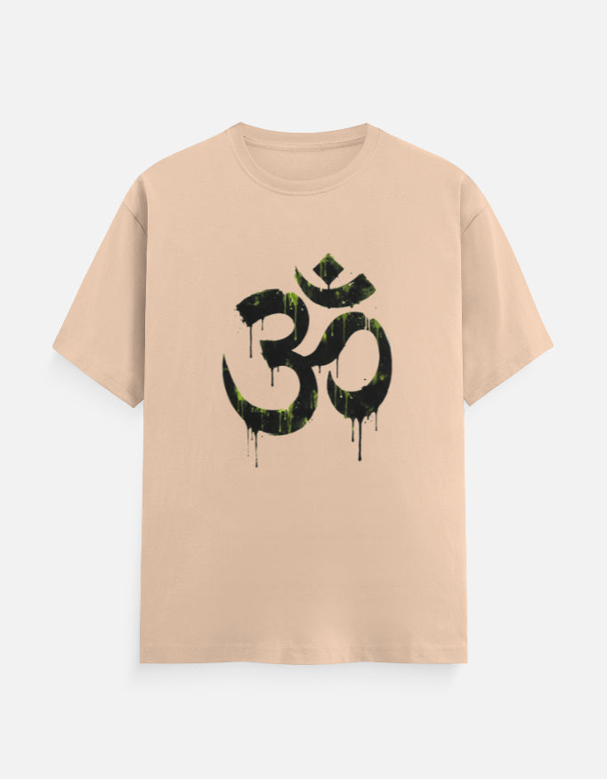 Unisex Classic Crew T-Shirt Om Wall Graffiti featuring a bold black symbol with gravity drips