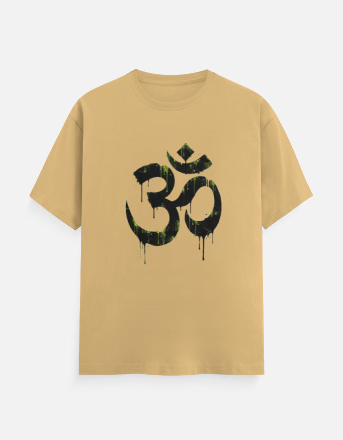 Unisex Classic Crew T-Shirt Om Wall Graffiti featuring a bold black symbol with gravity drips